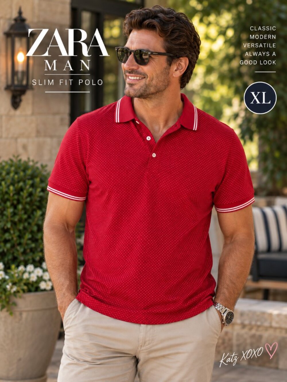 Zara Man Red Micro Heart Dot Print Slim Fit Polo XL Striped Collar Preppy Golf